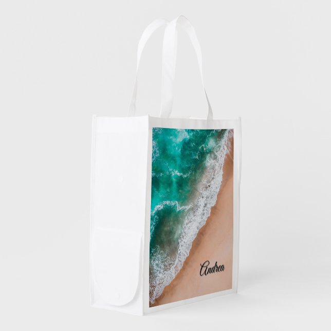 Waves on Sandy Beach Personal Grocery Bag (Front Side)