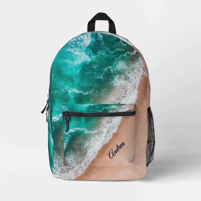 Waves on Sandy Beach Personal Printed Backpack (Front)