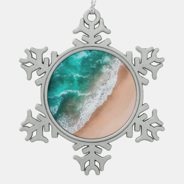 Waves on Sandy Beach  Snowflake Pewter Christmas Ornament (Front)