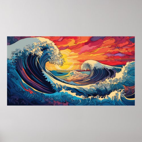 Waves over sunset painting on Canvas Trippy Ocean Poster