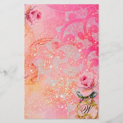WAVES PINK ROSES IN GOLD SPARKLES AND SWIRLS STATIONERY