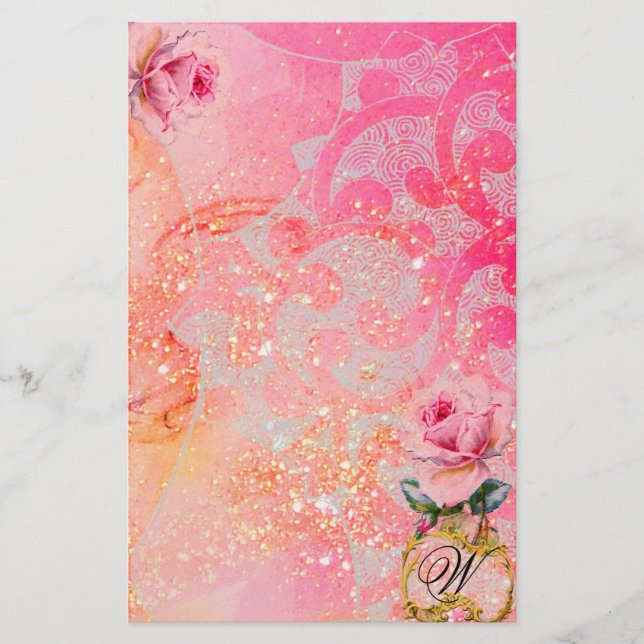 WAVES ,PINK ROSES IN GOLD SPARKLES AND SWIRLS STATIONERY (Front)