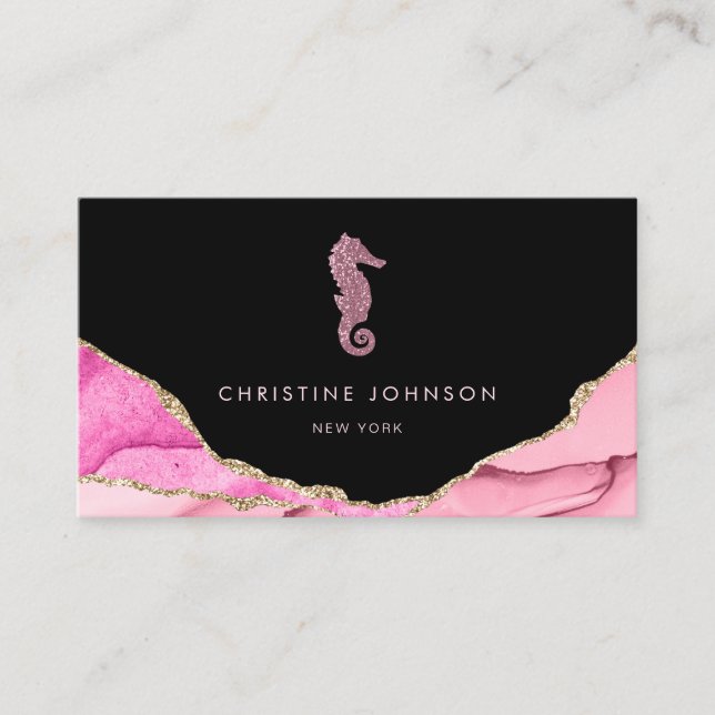 waves pink seahorse design on black business card (Front)