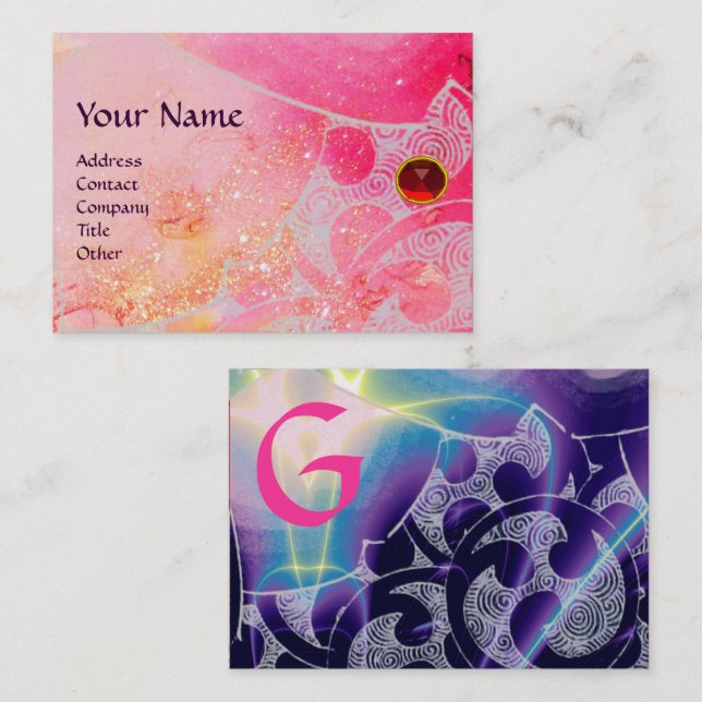 WAVES RED RUBY MONOGRAM Abstract Pink Blue White Business Card (Front/Back)