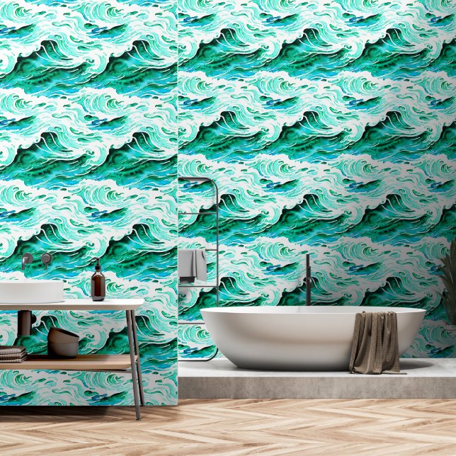 Waves rolling ocean sea water modern timeless wallpaper  (Bathroom)
