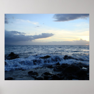 Waves rolling over lava rocks poster