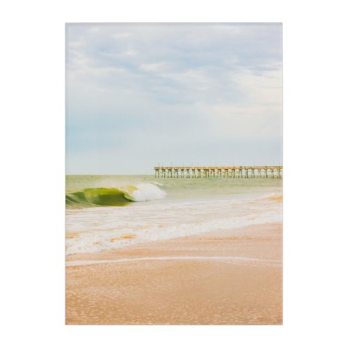 Waves sandy beach and Ocean Isle Fishing Pier Acrylic Print