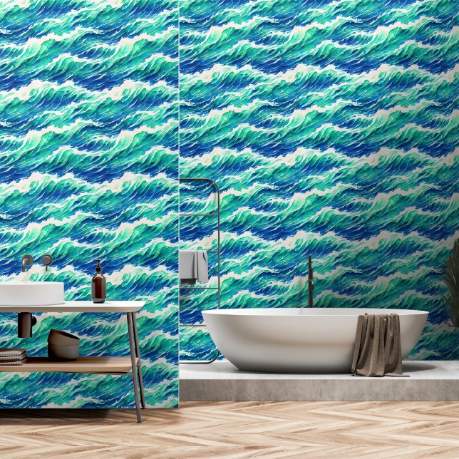 Waves seamless pattern coastal seaside chic wallpaper  (Bathroom)