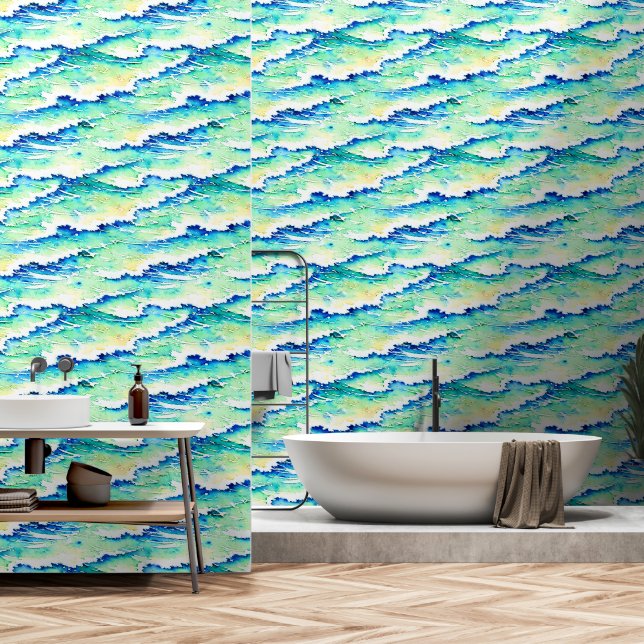 Waves seamless pattern ocean sea blue beach wallpaper  (Bathroom)