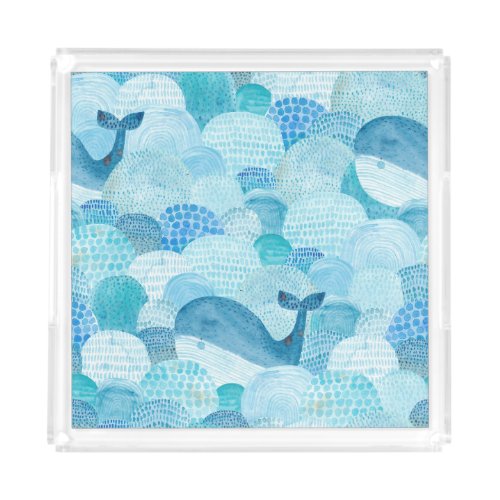 Waves whale childish blue texture acrylic tray