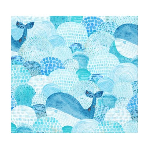 Waves whale childish blue texture canvas print