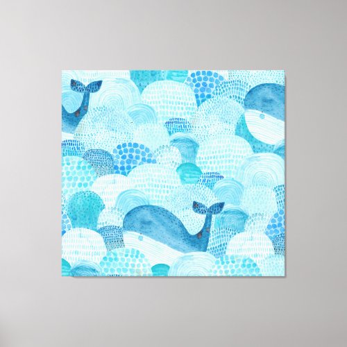 Waves whale childish blue texture canvas print