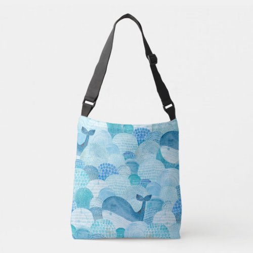 Waves whale childish blue texture crossbody bag