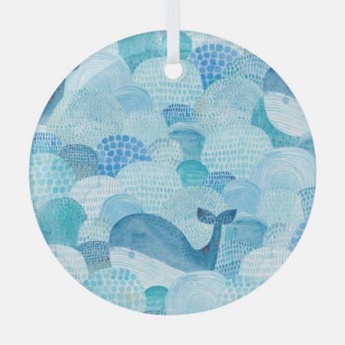 Waves whale childish blue texture glass ornament