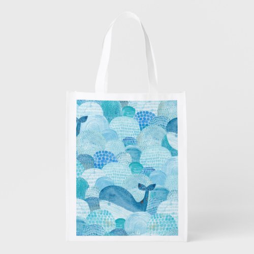 Waves whale childish blue texture grocery bag