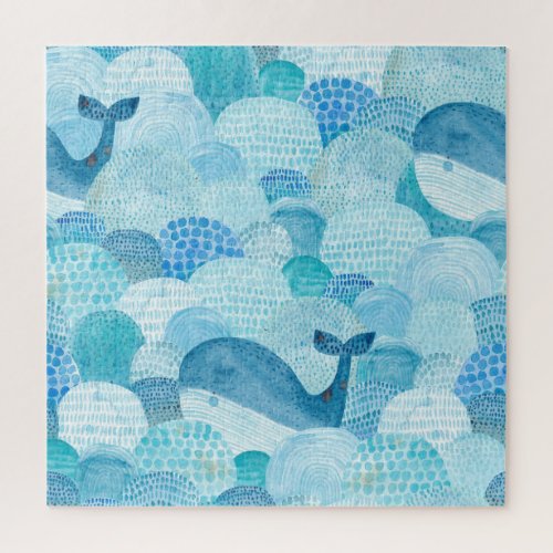 Waves whale childish blue texture jigsaw puzzle