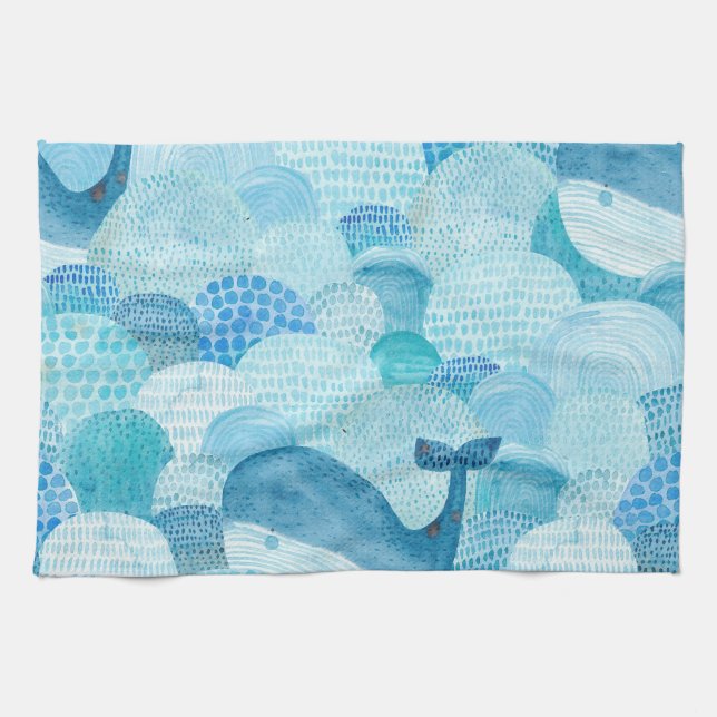 Waves, whale, childish blue texture kitchen towel (Horizontal)