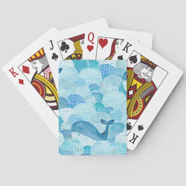 Waves, whale, childish blue texture poker cards (Back)