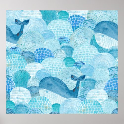 Waves whale childish blue texture poster