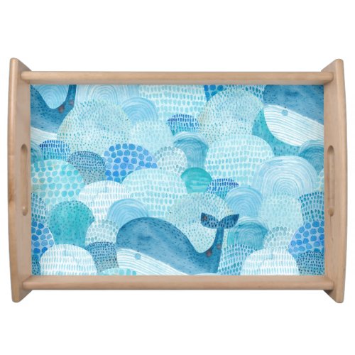 Waves whale childish blue texture serving tray