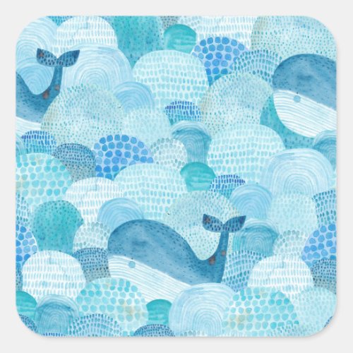 Waves whale childish blue texture square sticker