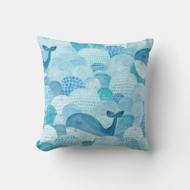Waves, whale, childish blue texture throw pillow (Front)