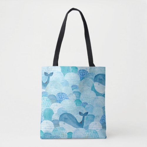 Waves whale childish blue texture tote bag