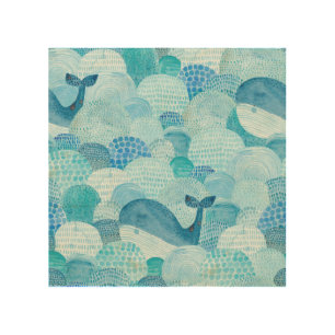 Waves, whale, childish blue texture wood wall art