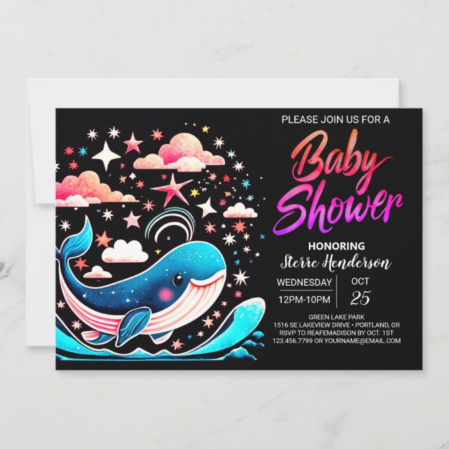 Waves Whale Pink Girl Baby Shower Invitation (Front)