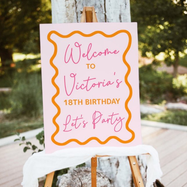 Wavey Birthday Party Welcome Sign Template, Retro  (Creator Uploaded)