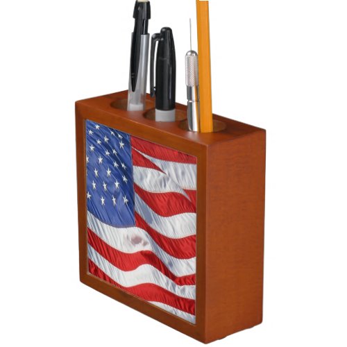 Waving American Flag Patriotic PencilPen Holder