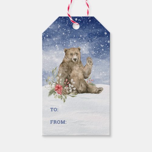 Waving Bear with Flowers in the Snow Gift Tags