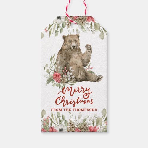 Waving Bear with Flowers  Merry Christmas  Gift Tags