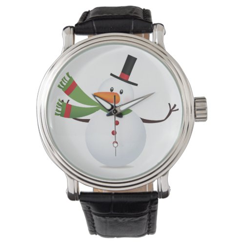 Waving Carrot Nose Snowman Vintage Leather Strap Watch