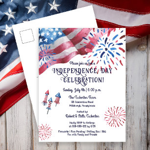 Waving Flag Fireworks Independence Day Celebration Holiday Postcard