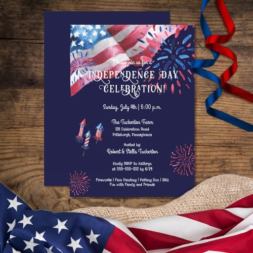 Waving Flag Fireworks Independence Day Celebration Invitation