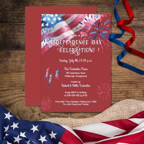 Waving Flag Fireworks Independence Day Celebration Invitation