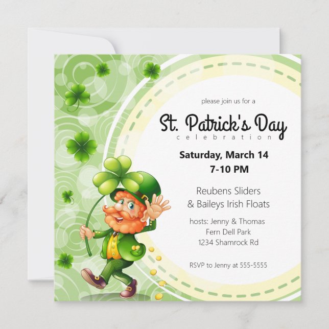Waving Leprechaun and Shamrocks Invitation (Front)