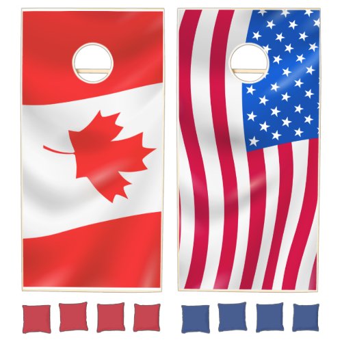 waving national flags Canada and USA Cornhole Set