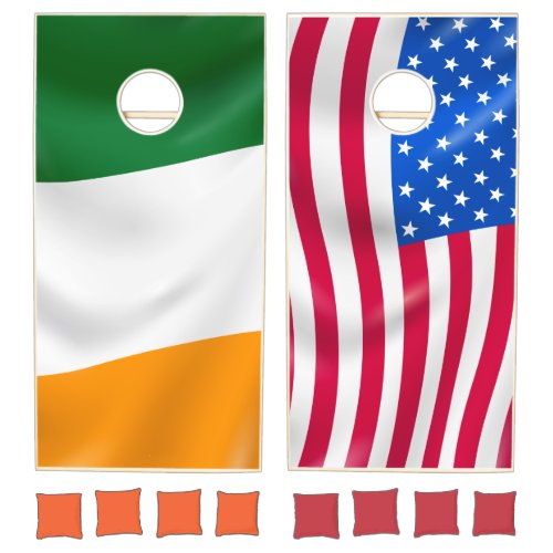waving national flags Irish Ireland and USA   Cornhole Set