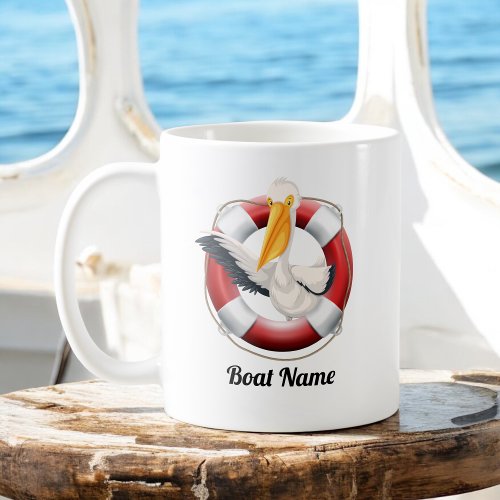 Waving Pelican in Buoy with Boat Name Coffee Mug