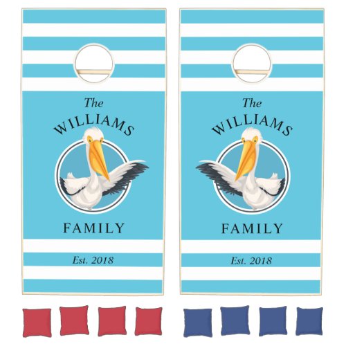 Waving Pelicans Nautical with Your Family Name Cornhole Set