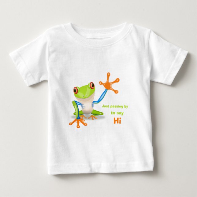 Waving red eyed tree frog illustration baby shirt (Front)
