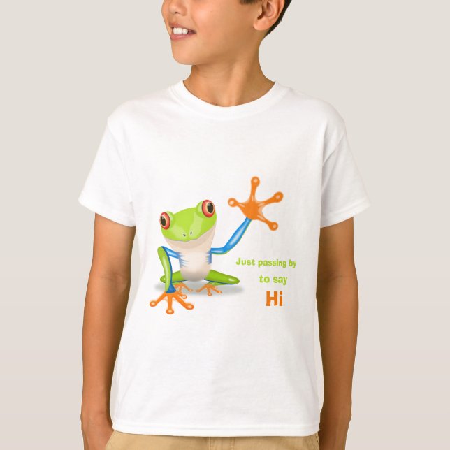 Waving red eyed tree frog illustration funny kids T-Shirt (Front)