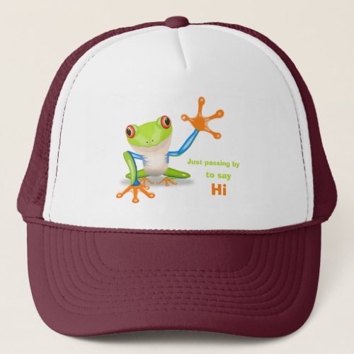 Waving red eyed tree frog illustration trucker hat