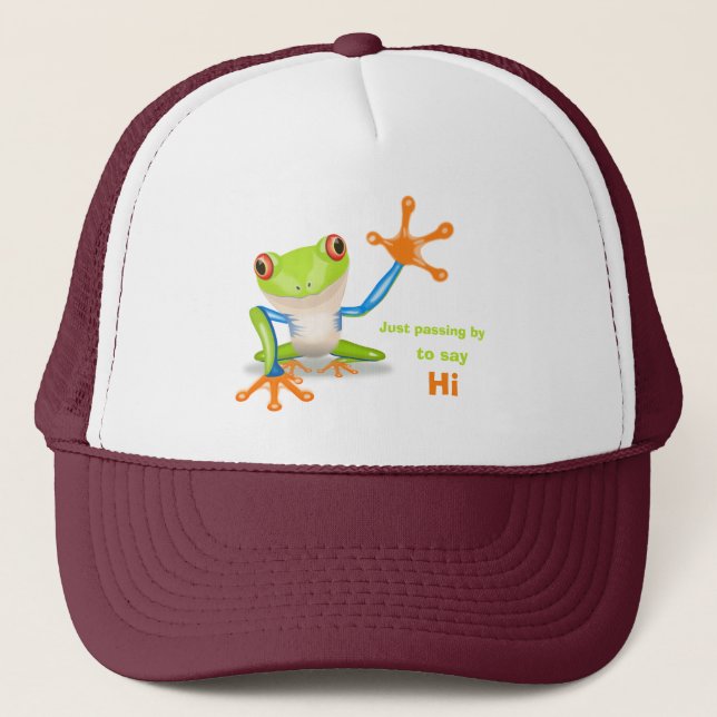 Waving red eyed tree frog illustration trucker hat (Front)