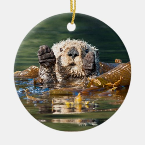 Waving Sea Otter Ceramic Ornament