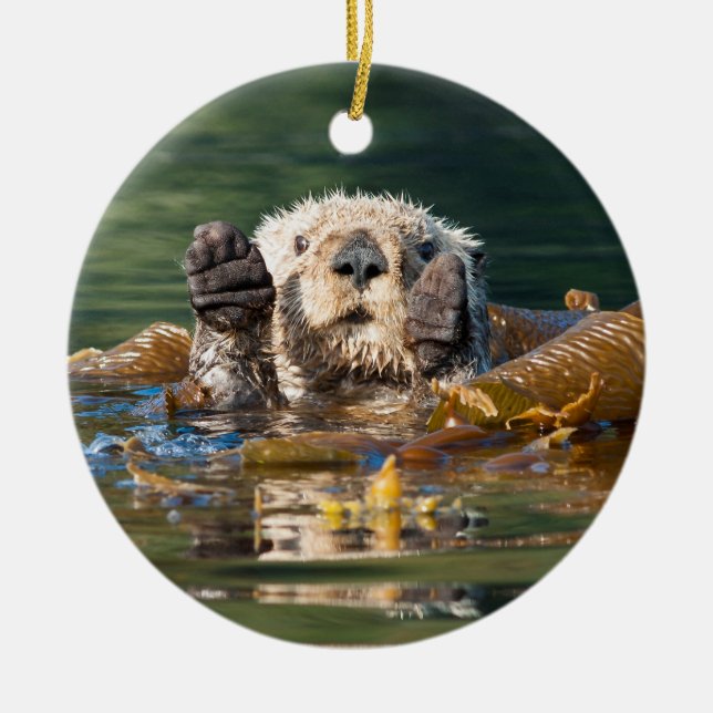 Waving Sea Otter Ceramic Ornament (Front)