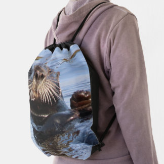 Waving Sea Otter Drawstring Bag