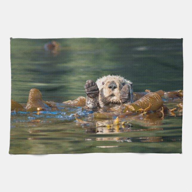 Waving Sea Otter Kitchen Towel (Horizontal)